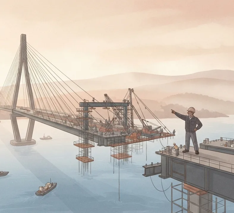 Illustration of a cable-stayed bridge under construction over a bay. A worker in a hard hat stands on the unfinished deck and points toward the far tower while crew members work around him.
