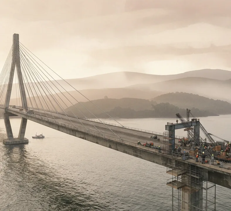 A cable-stayed bridge over a misty bay at dawn. A work crew in hard hats and safety vests builds out the end of the deck under a steel gantry crane.