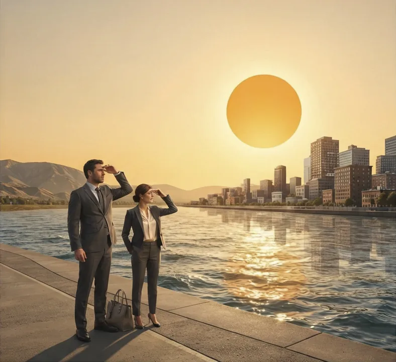 Two professionals in business clothes stand on a riverside walkway at sunset, shading their eyes as they look toward a city skyline.