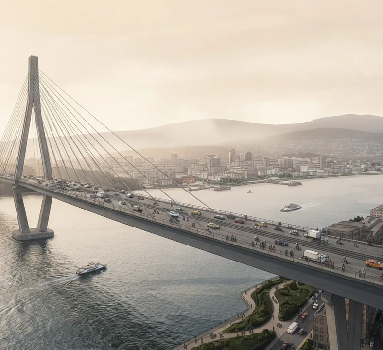 A finished cable-stayed bridge carries steady car and foot traffic across a river into a city, with a ferry passing below.