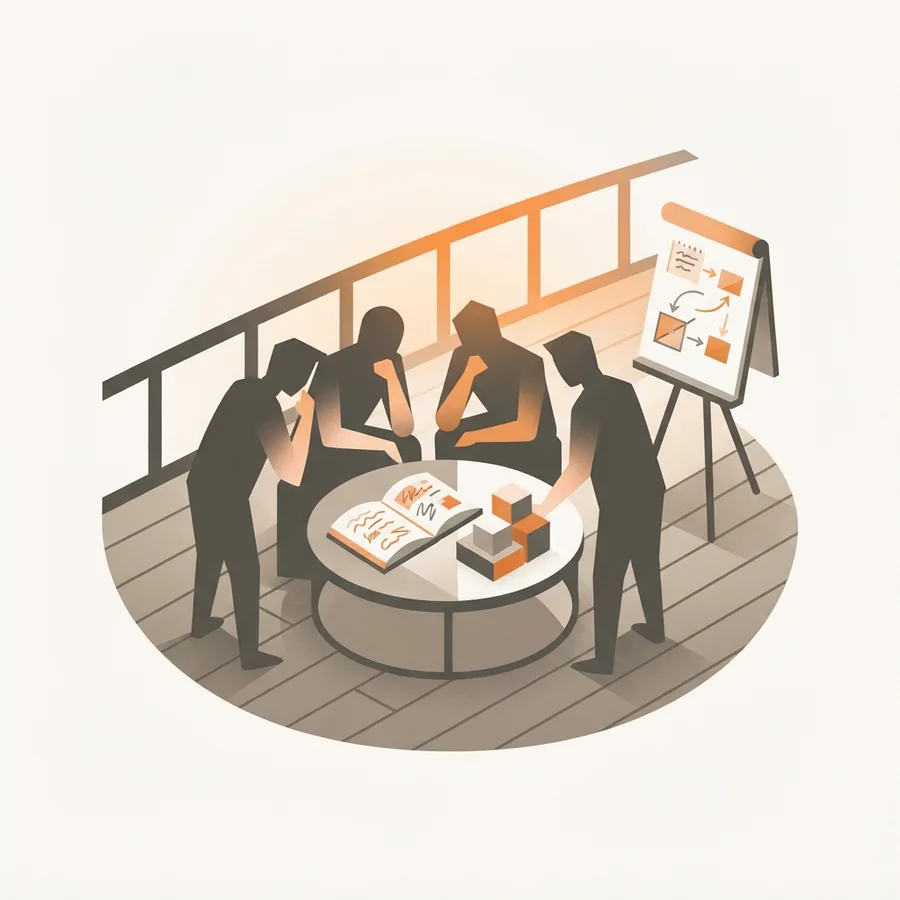 Illustration of four people gathered around a round table with an open workbook and building blocks, next to a flipchart showing a process map.