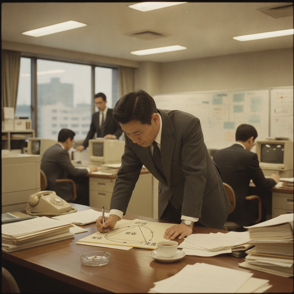 Vintage documentary-style photograph of an early-1980s Tokyo management-consulting office, a strategist sketching a three-point triangular diagram on a notepad