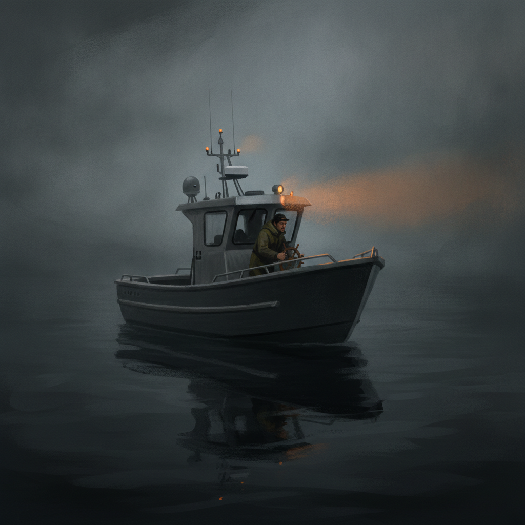 A single captain at the helm of a small modern fishing boat, alone in thick fog, a warm orange running light cutting through the gray