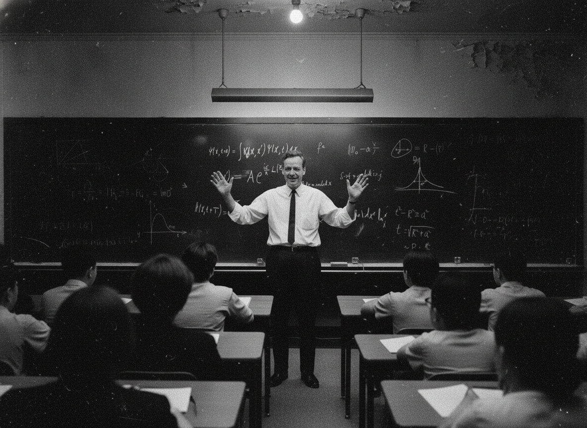 Illustrative chalkboard-style scene evoking a mid-century physics lecture, warm lamp light, equations mid-erase