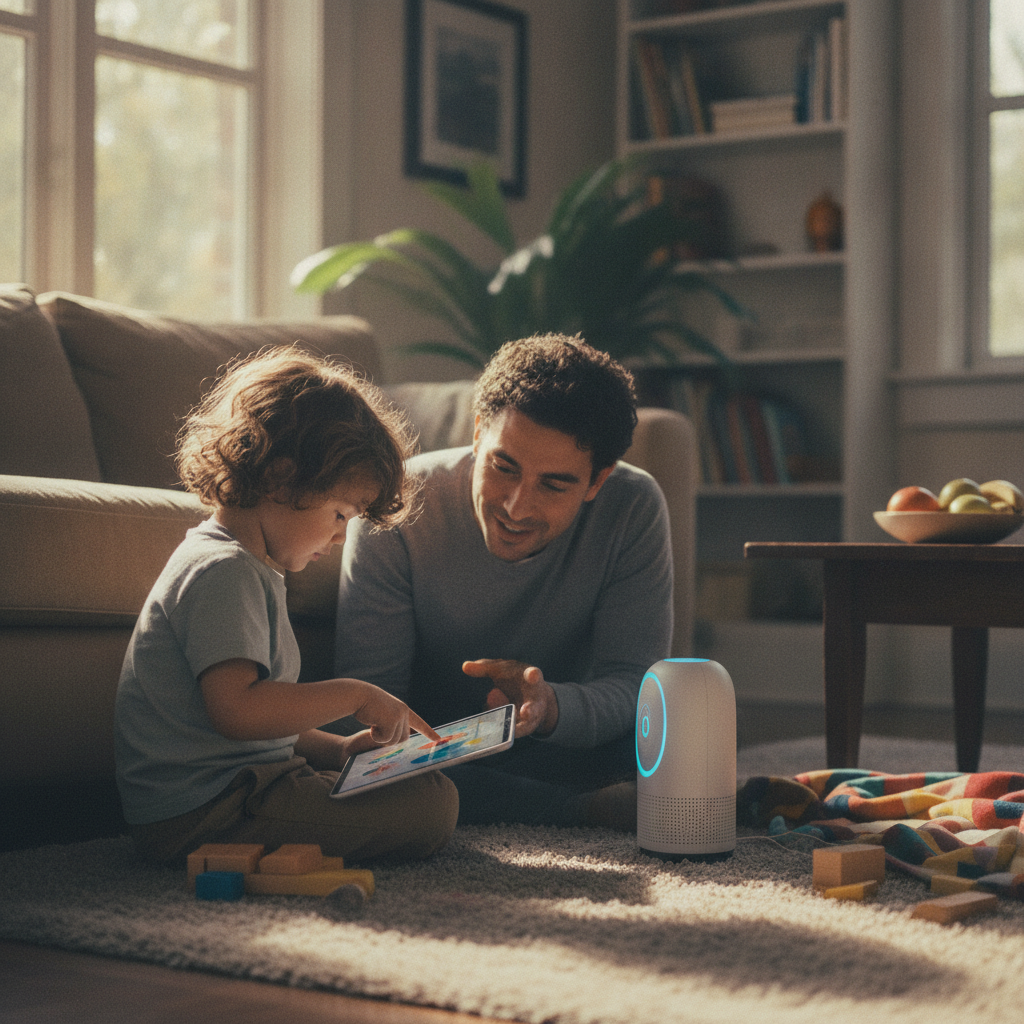 A young child using a tablet alongside a parent, an AI voice-assistant device nearby, warm domestic setting