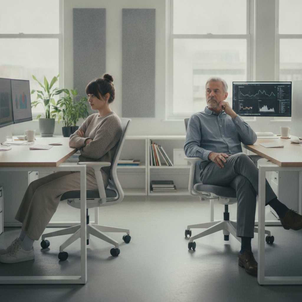 Two colleagues of visibly different generations at separate desks, each glancing toward the other with guarded body language