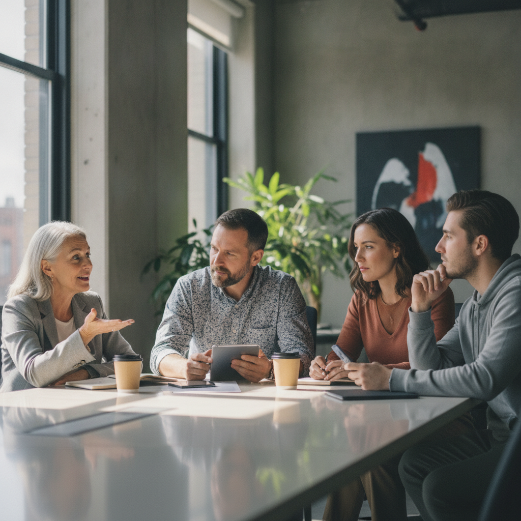 Four colleagues of visibly different generations gathered around a conference table in a meeting