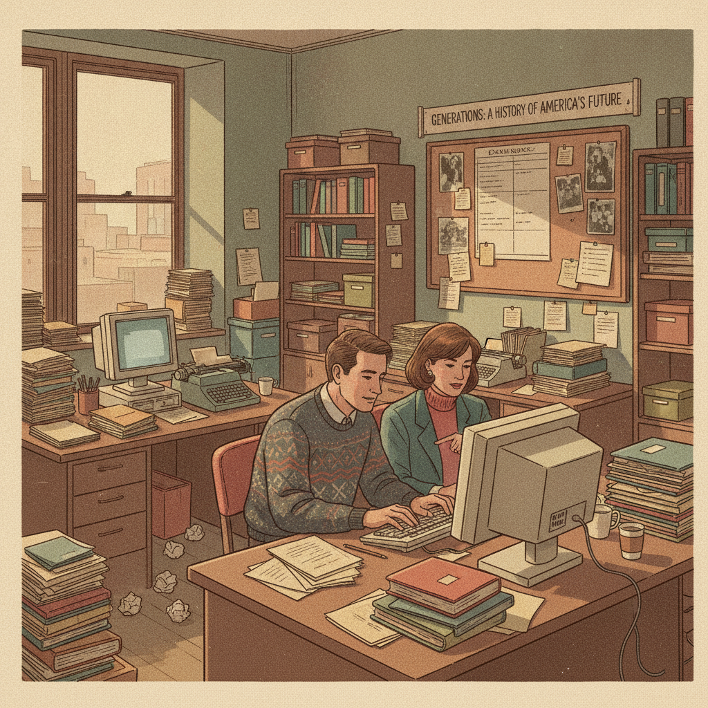 Illustrated 1990s research office where the book Generations was written, two researchers working at a desk amid stacks of papers and books