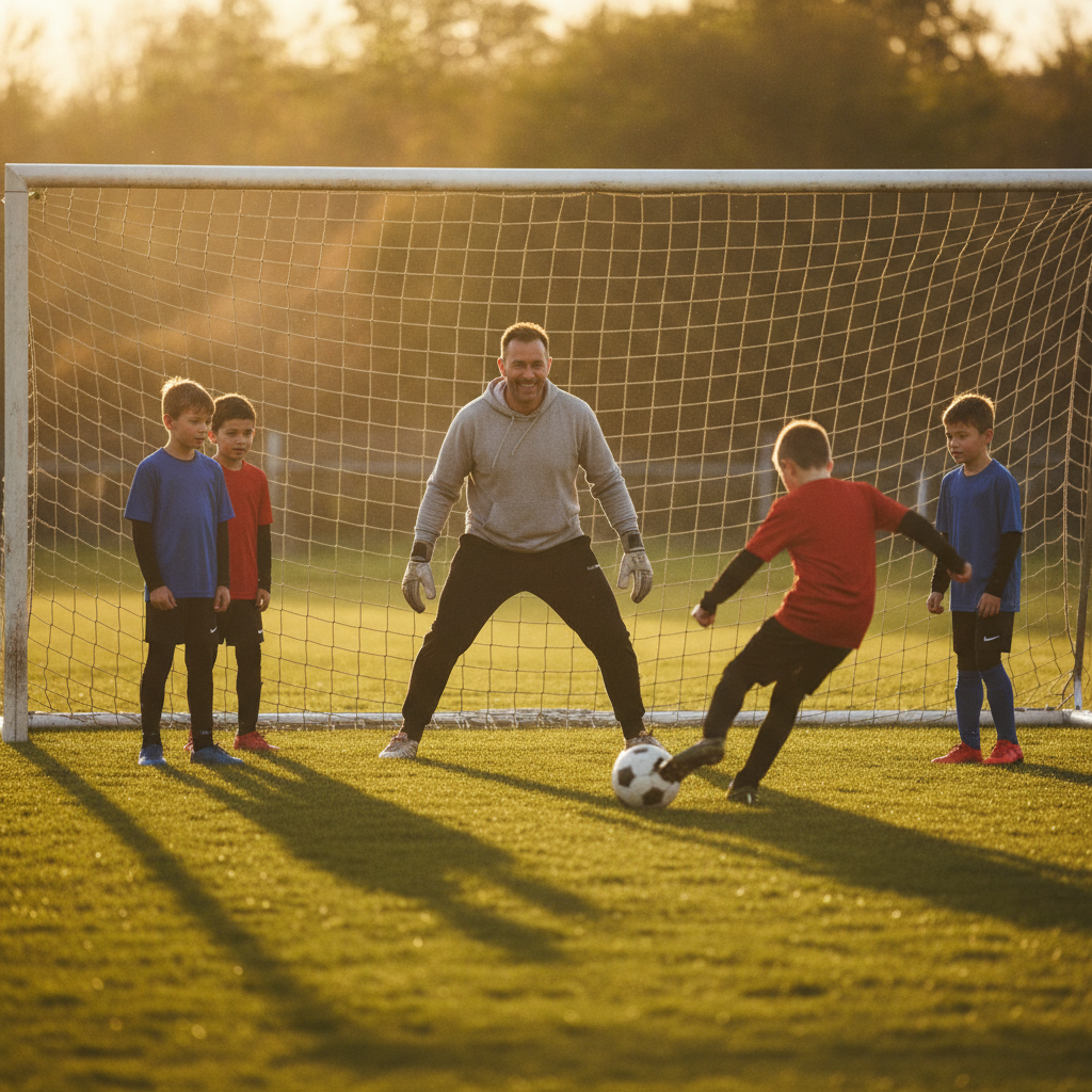 A father standing in as goalkeeper on a youth soccer practice field, warm late-afternoon light, one boy lining up a shot on a small goal