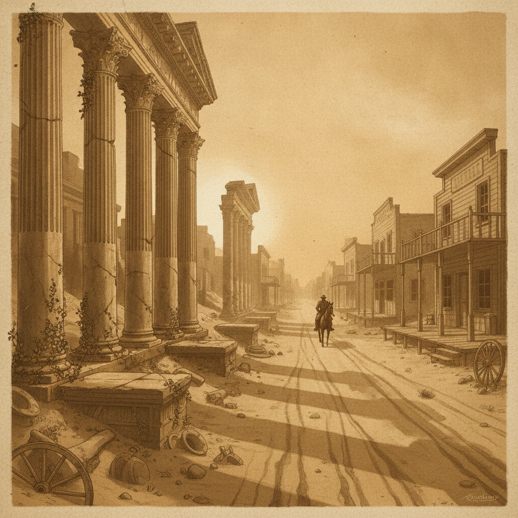 A weathered, sepia-toned illustration blending a Roman forum and an old-West street, evoking the phrase's much older lineage than its modern military branding