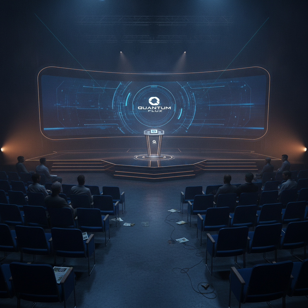 A sleek, polished product launch stage with dramatic lighting and visibly sparse audience seating