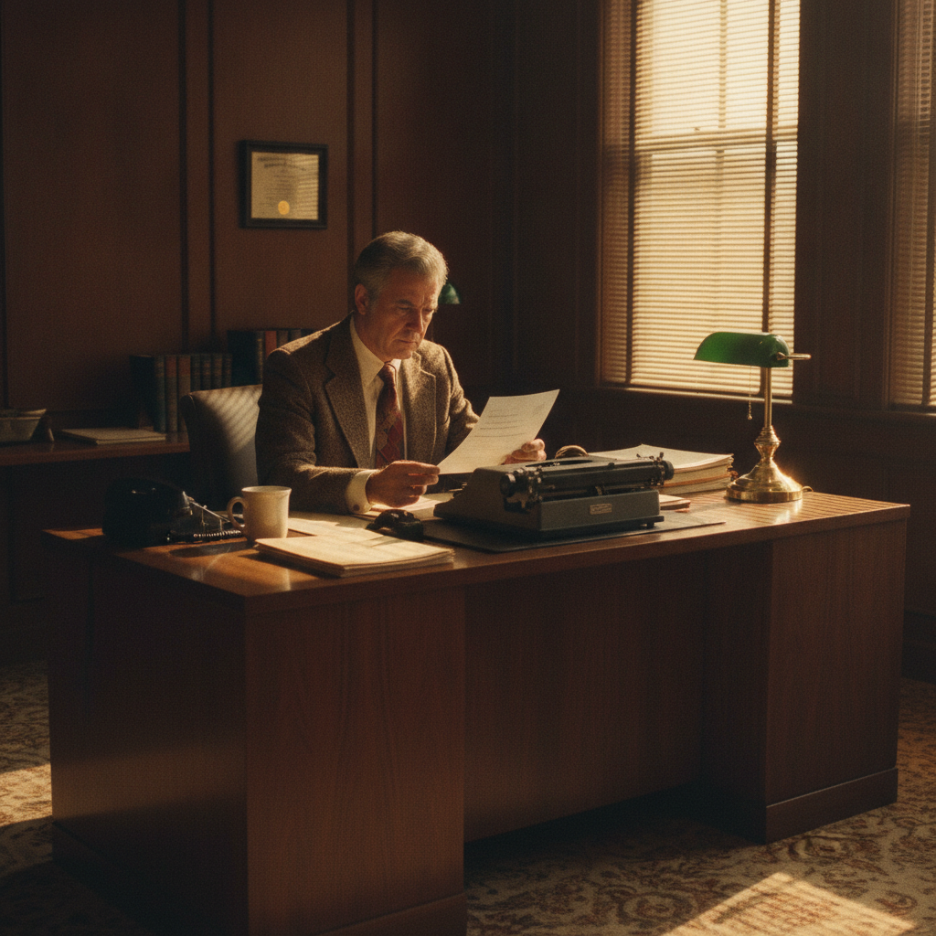 Illustrative period photo of a 1981 corporate management office, warm desk lamp light, a typed memo and coffee cup on a wooden desk