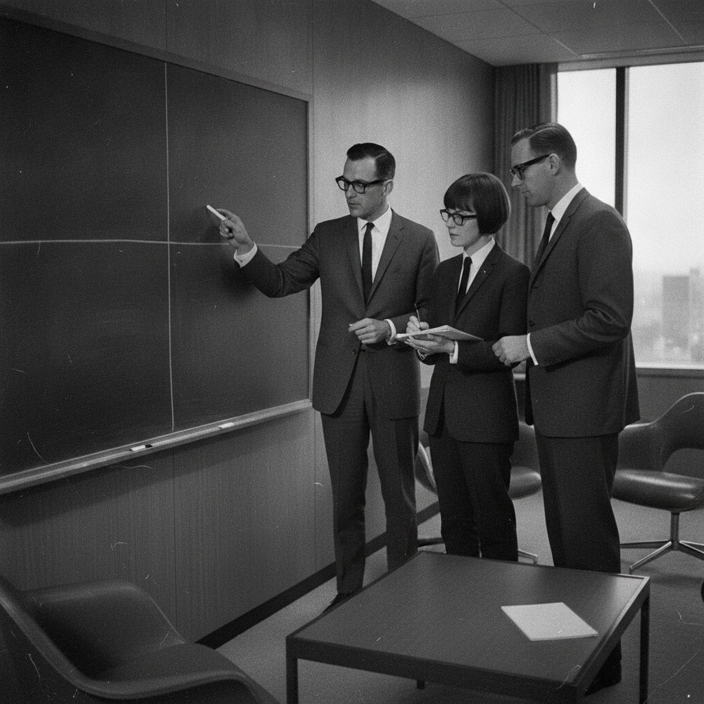 Vintage documentary-style photograph of a 1960s corporate research team gathered around a chalkboard sketching a four-quadrant diagram