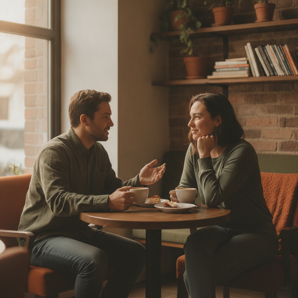 Two people in genuine relaxed conversation at a small coffee shop table, leaning in, warm natural light