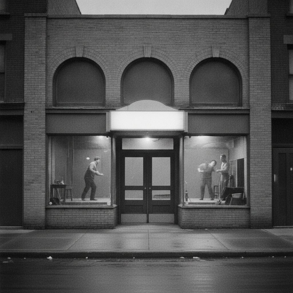 Black-and-white archival-style photo of a 1950s Chicago storefront theater with performers visible on a bare stage inside