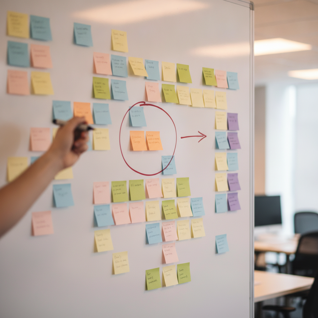 A whiteboard covered in colorful sticky notes, one idea circled in marker with an arrow pointing toward a separate column