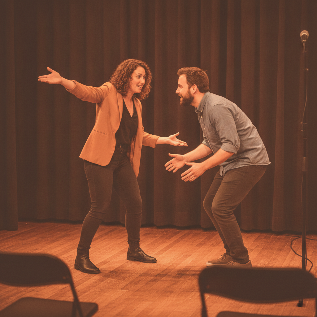 Two improv performers mid-scene on a small stage under warm amber lighting, one gesturing outward as the other leans in