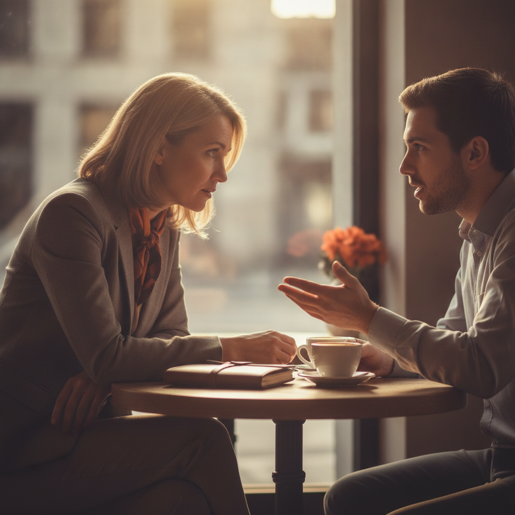 A manager leaning in attentively across a small table toward a colleague, notepad closed, genuine engaged body language