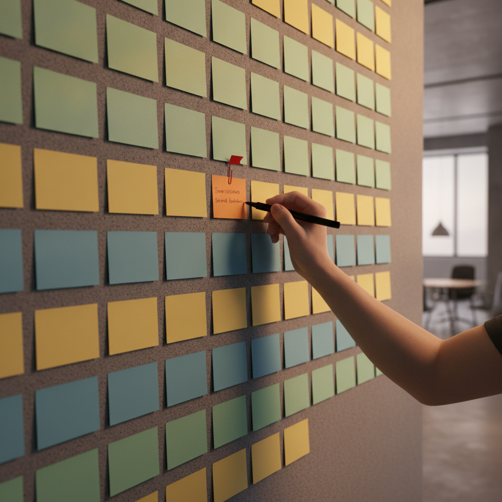 A wall of blank colored index cards, one flagged with a small red marker, a hand adding a written note to it rather than pulling it off the board